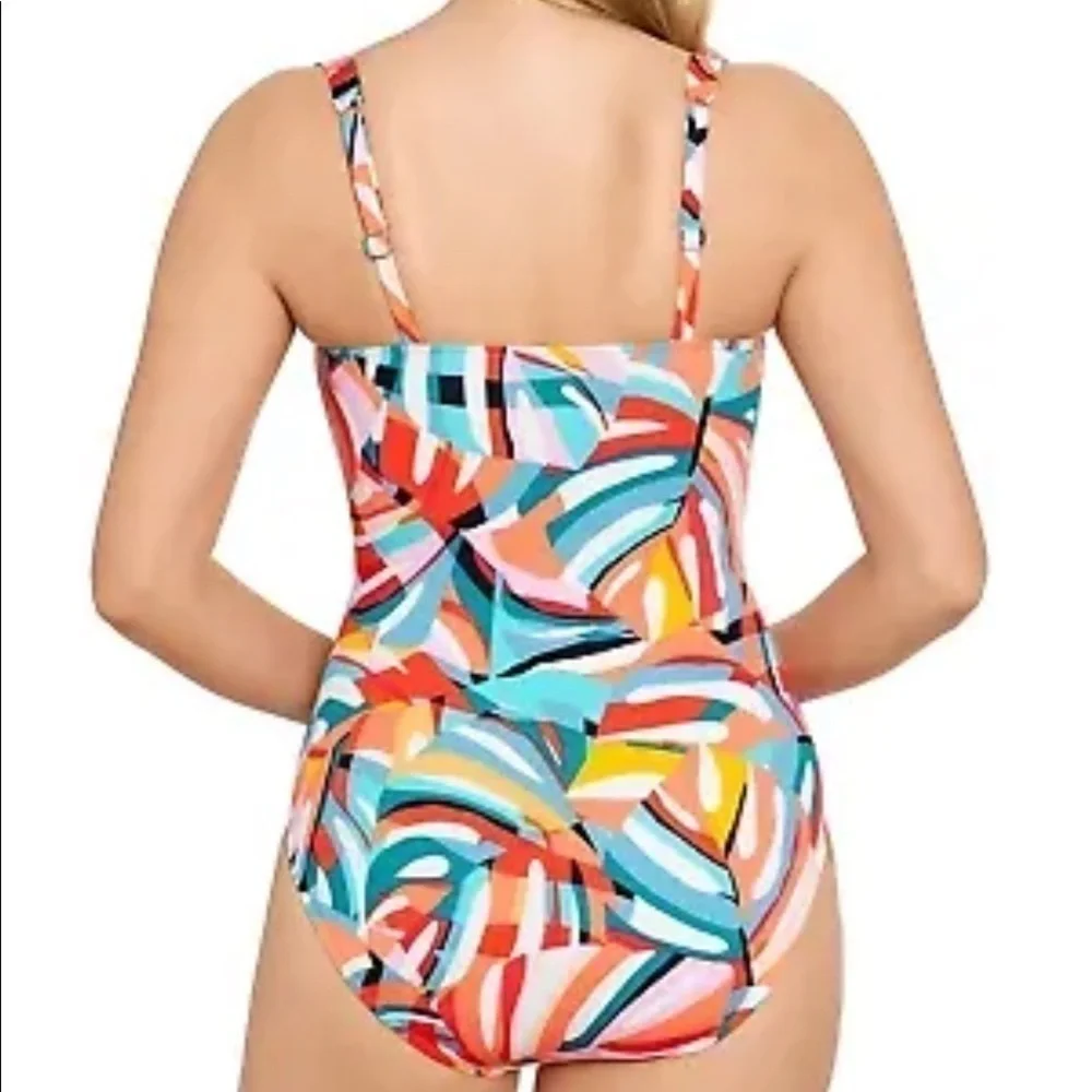 Swim Solutions Palm Art Shirred Tummy-Control One-Piece Swimsuit - Picture 2 of 10